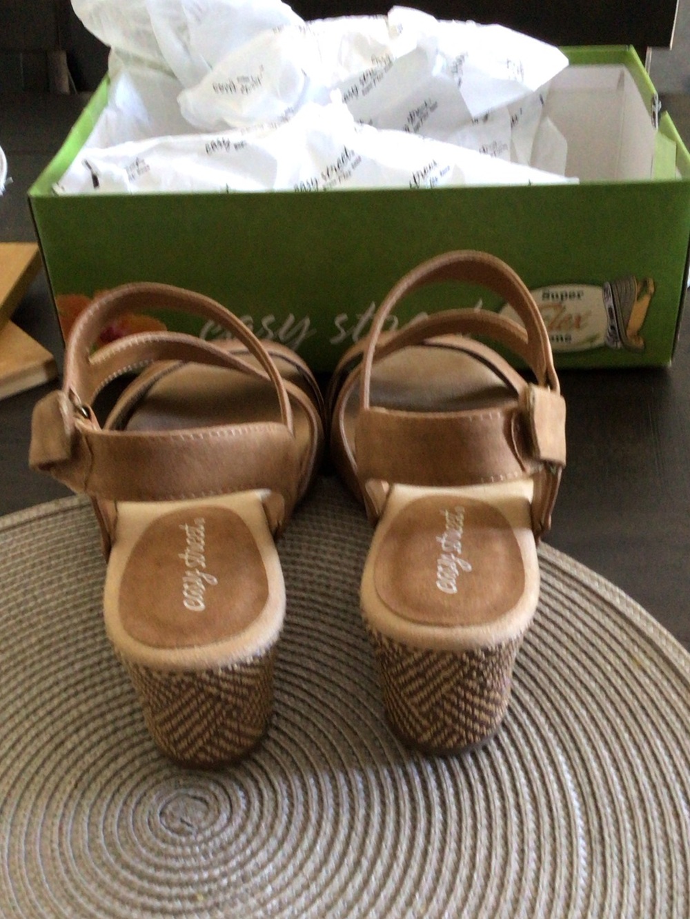 easy street Tan Multi-Strap Women's Wedge Sandals 9 1/2 W - Picture 3 of 7